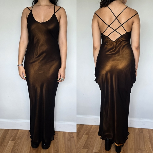 Mary Green Dresses & Skirts - Mary Green Silk Black Orange Slip Maxi Dress Mesh 90's Whimsigoth Witchy Size L